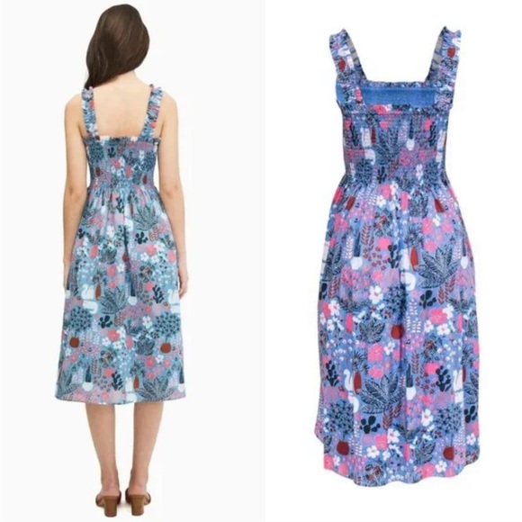❤️ Kate Spade Blue Garden Posy Smocked Midi Dress Casual Cotton N3 - Picture 3 of 10
